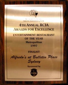 4th Annual RCIA Award for Excellence Entertainment Restaurant of the YearFinalist1997